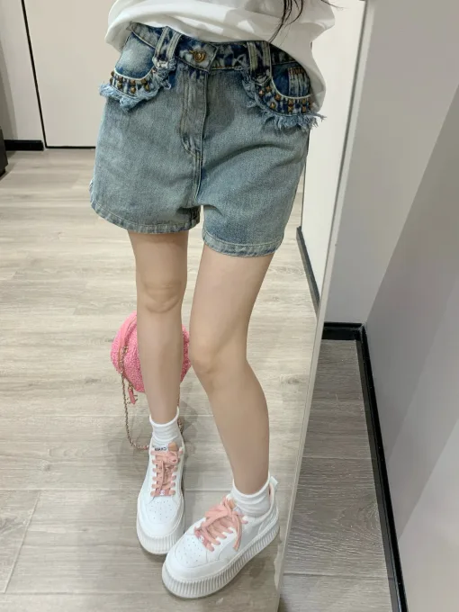 Luxus Chanel Shorts Blue Denim Stickerei Luxus