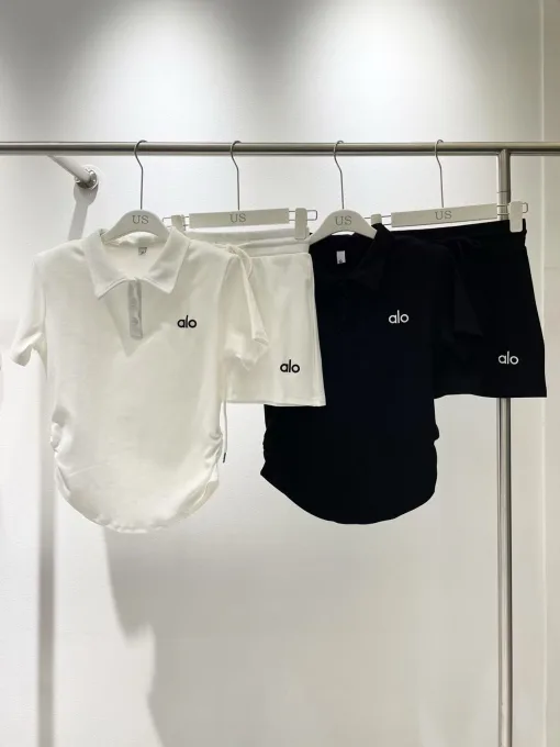 Premium Qualität Alo Kurzarm Schwarz Bestickter Stil