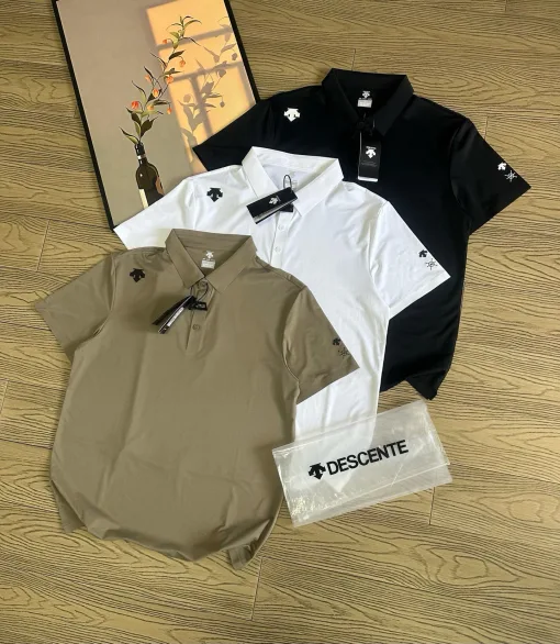Luxuriöses, kurzärmeliges, atmungsaktives Descente-Shirt aus schwarzer Seide
