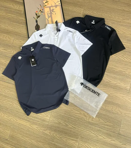 Luxuriöses, kurzärmeliges, atmungsaktives Descente-Shirt aus schwarzer Seide