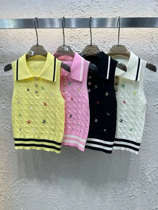Luxus Chanel Weste Gelb Strick Bestickte Kollektion