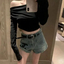 Premium Chanel Shorts Blue Denim Bestickte Kollektion