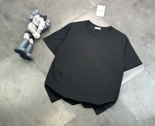 Luxus Dior Kurzarm Schwarz Baumwolle Bestickt Luxus