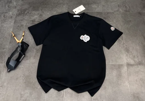 Meistverkaufte Moncler Kurzarm Schwarz Baumwolle Atmungsaktiv Stil