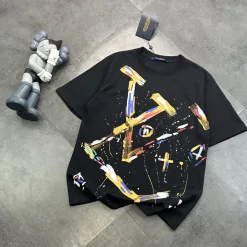 Luxus Louis Vuitton Kurzarm Schwarz Baumwolle Print Stil