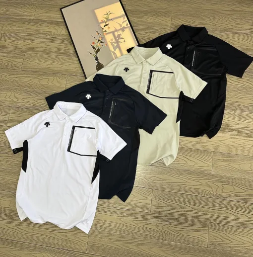 Luxuriöses, kurzärmeliges, atmungsaktives Baumwoll-Shirt von Descente in Grün
