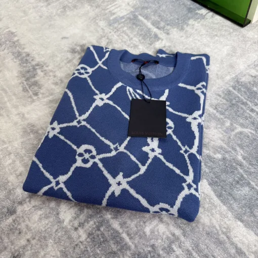 Meistverkaufte Louis Vuitton Kurzarm Blau Strick Print Luxus