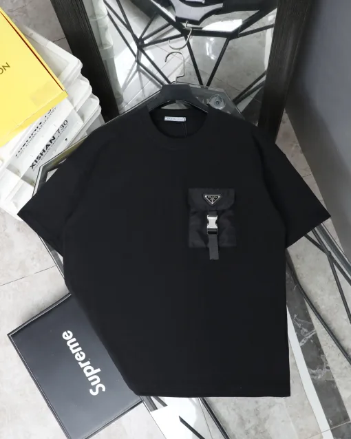 Hochwertige Prada Kurzarm Schwarz Baumwolle Casual Style