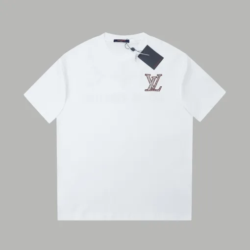 Hochwertige Louis Vuitton Kurzarm Schwarz Baumwolle Logo Luxus