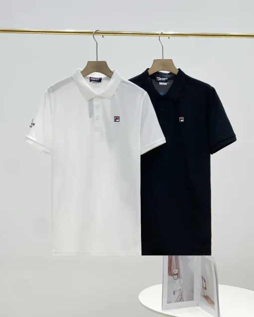 Hochwertige Fila Kurzarm-T-Shirts aus schwarzer Seide mit Stickerei