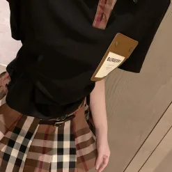Hochwertige Burberry Kurzarm Schwarz Leder Plaid Luxus