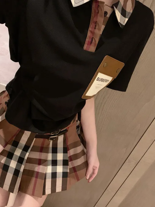 Hochwertige Burberry Kurzarm Schwarz Leder Plaid Luxus