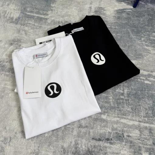 Premium Lululemon Kurzarm-Logo-Kollektion aus schwarzer Baumwolle