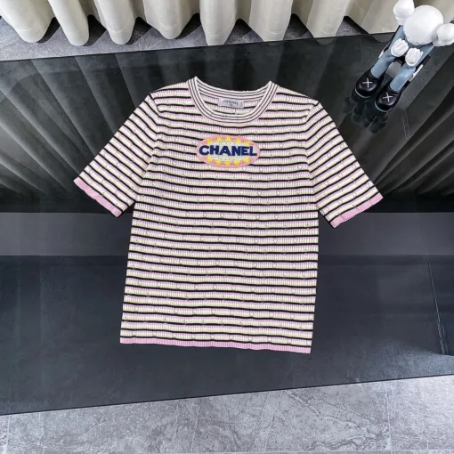 Luxus Chanel Kurzarmhemd Weiß Strick Gestreift Kollektion