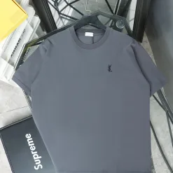 Premium Saint Laurent Kurzarm Grau Strick Bestickt Luxus