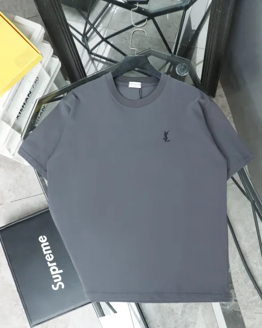Premium Saint Laurent Kurzarm Grau Strick Bestickt Luxus