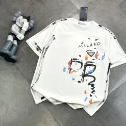 Hochwertige Prada Kurzarm Schwarz Baumwolle Logo Luxus