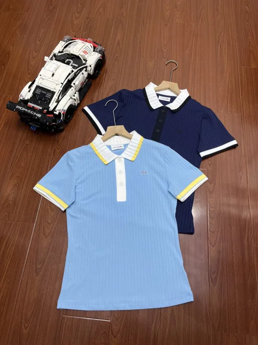Premium Lacoste Kurzarmhemd Blau Strick Vintage Kollektion