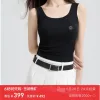 Luxus Lululemon Ärmellos Schwarz Baumwolle Bestickt Luxus