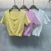 Hochwertiger Celine-Kurzarmpullover im Goldstrick-Streifenstil