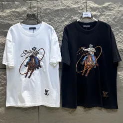Premium Qualität Louis Vuitton Kurzarm Schwarz Stickerei Luxus