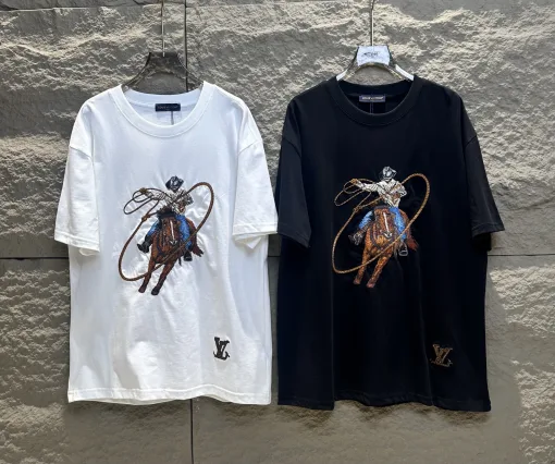 Premium Qualität Louis Vuitton Kurzarm Schwarz Stickerei Luxus