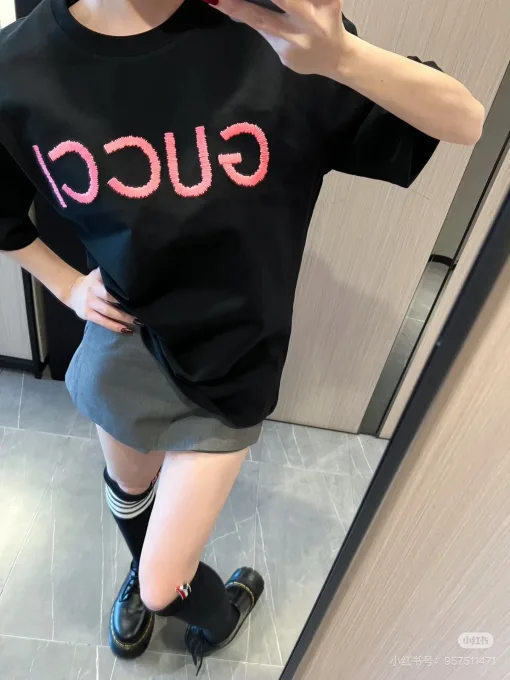 Hochwertiger Gucci Kurzarm Rosa Baumwolle Klassischer Stil