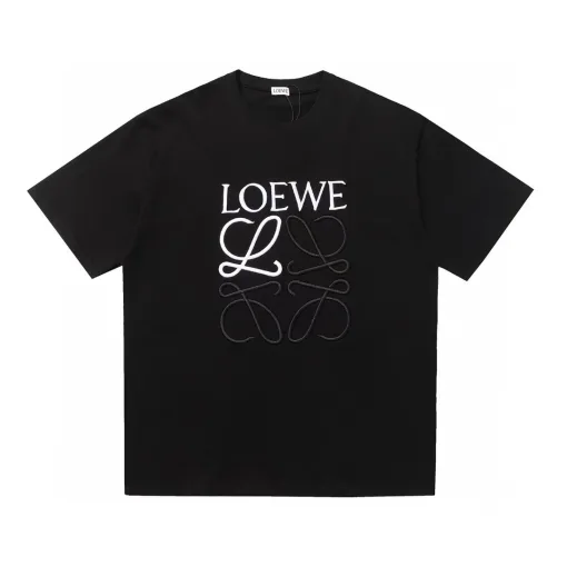 Premium Qualität Loewe Kurzarm Schwarz Baumwolle Bestickt Stil
