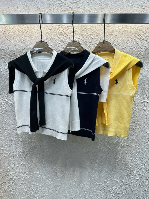 Premium Ralph Lauren Weste Weiß Strick Bestickt Luxus