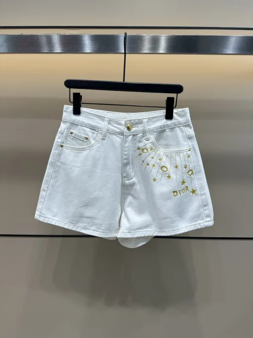 Premium Dior Shorts Weißer Denim Bestickter Luxus