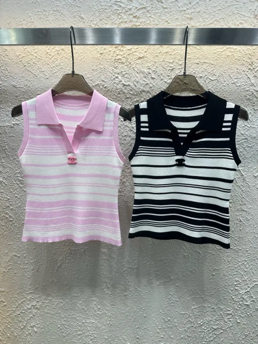 Luxus Chanel Weste Pink Strick Gestreift Luxus