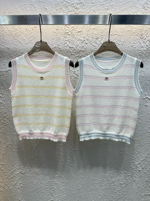 Hochwertige Chanel Weste Pink Knit Striped Kollektion
