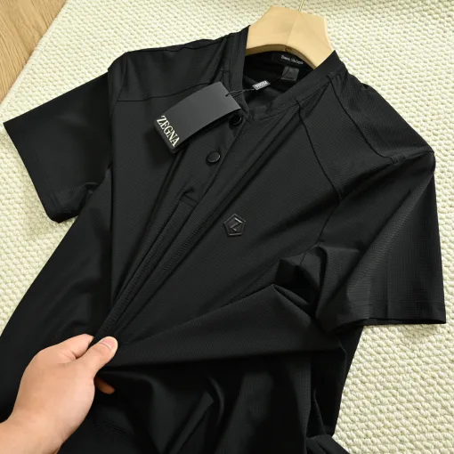 Luxus Zegna Kurzarm Grau Seide Casual Luxury