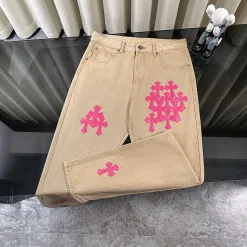 Hochwertige Chrome Hearts Jeans Pink Denim Patchwork Kollektion
