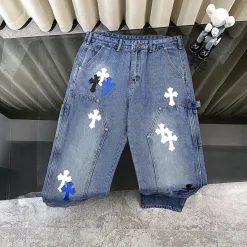 Bestseller Chrome Hearts Jeans Schwarze Leder Patchwork Kollektion