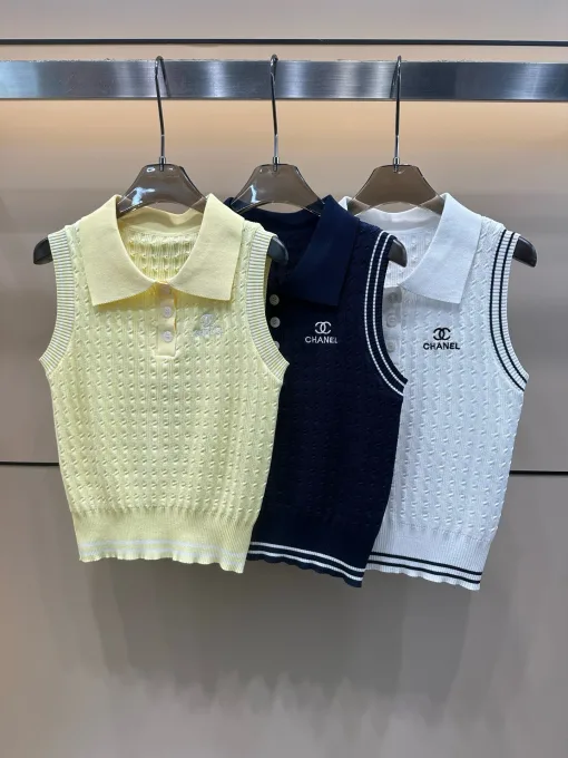 Luxus Chanel Weste Gelb Strick Bestickt Luxus