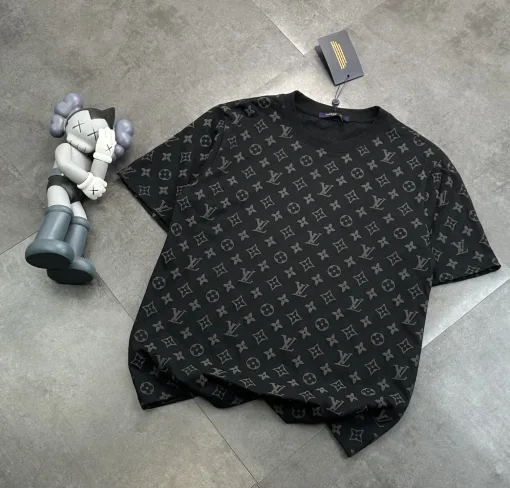Premium Qualität Louis Vuitton Kurzarm Schwarz Baumwolle Druck Luxus
