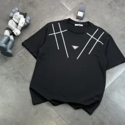 Luxus Prada Kurzarm Schwarz Baumwolle Logo Luxus
