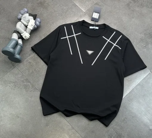Luxus Prada Kurzarm Schwarz Baumwolle Logo Luxus