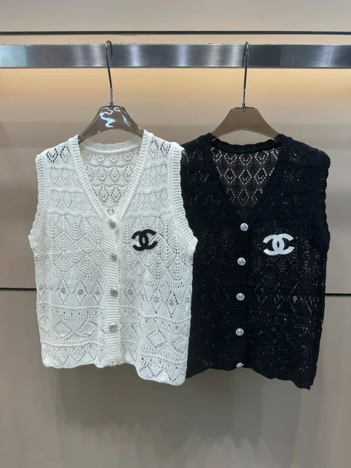 Luxus Chanel Weste Weiß Strick Bestickt Luxus