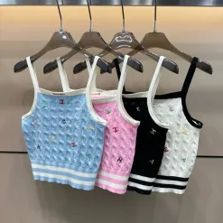 Premium Chanel Hosenträger Blau Strick Bestickt Luxus