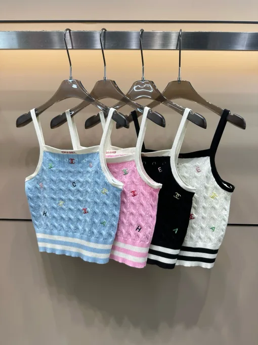 Premium Chanel Hosenträger Blau Strick Bestickt Luxus