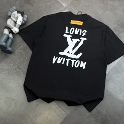 Hochwertiger Louis Vuitton Kurzarm Schwarzer Baumwolldruck Luxus