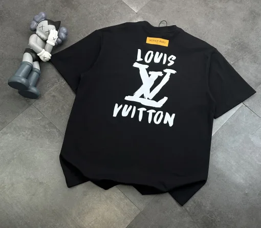 Hochwertiger Louis Vuitton Kurzarm Schwarzer Baumwolldruck Luxus