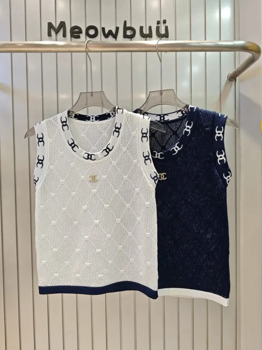 Hochwertige Chanel Weste Weiß Strick Jacquard Luxus