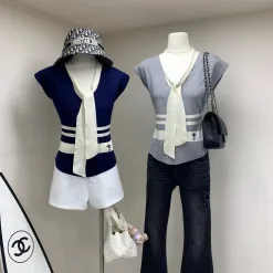 Hochwertige Dior Weste Blaue Strick-Stickerei-Kollektion
