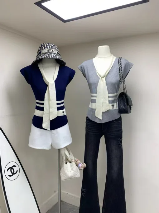 Hochwertige Dior Weste Blaue Strick-Stickerei-Kollektion