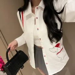 Premium Thom Browne Hemd Weiß Bestickt Luxus