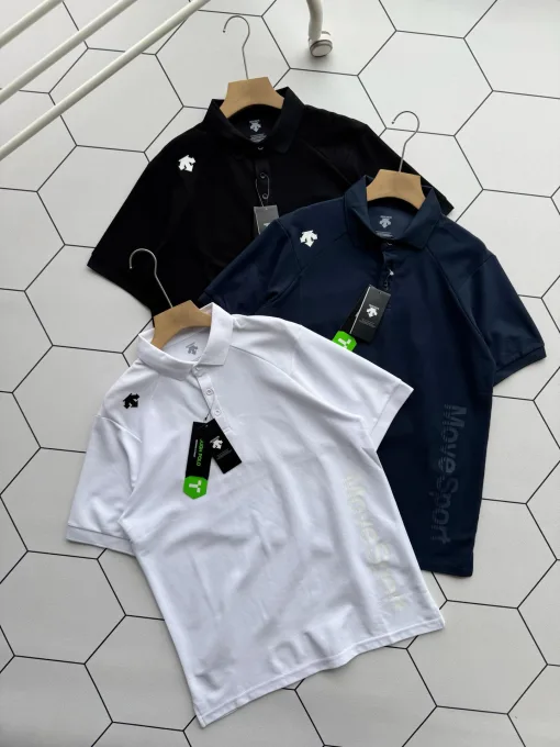 Hochwertiges, kurzärmeliges, atmungsaktives Descente-Shirt aus schwarzem Polyester