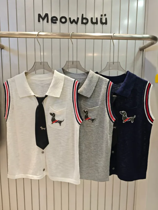 Premium Qualität Thom Browne Weste Weiß Strick Bestickt Luxus